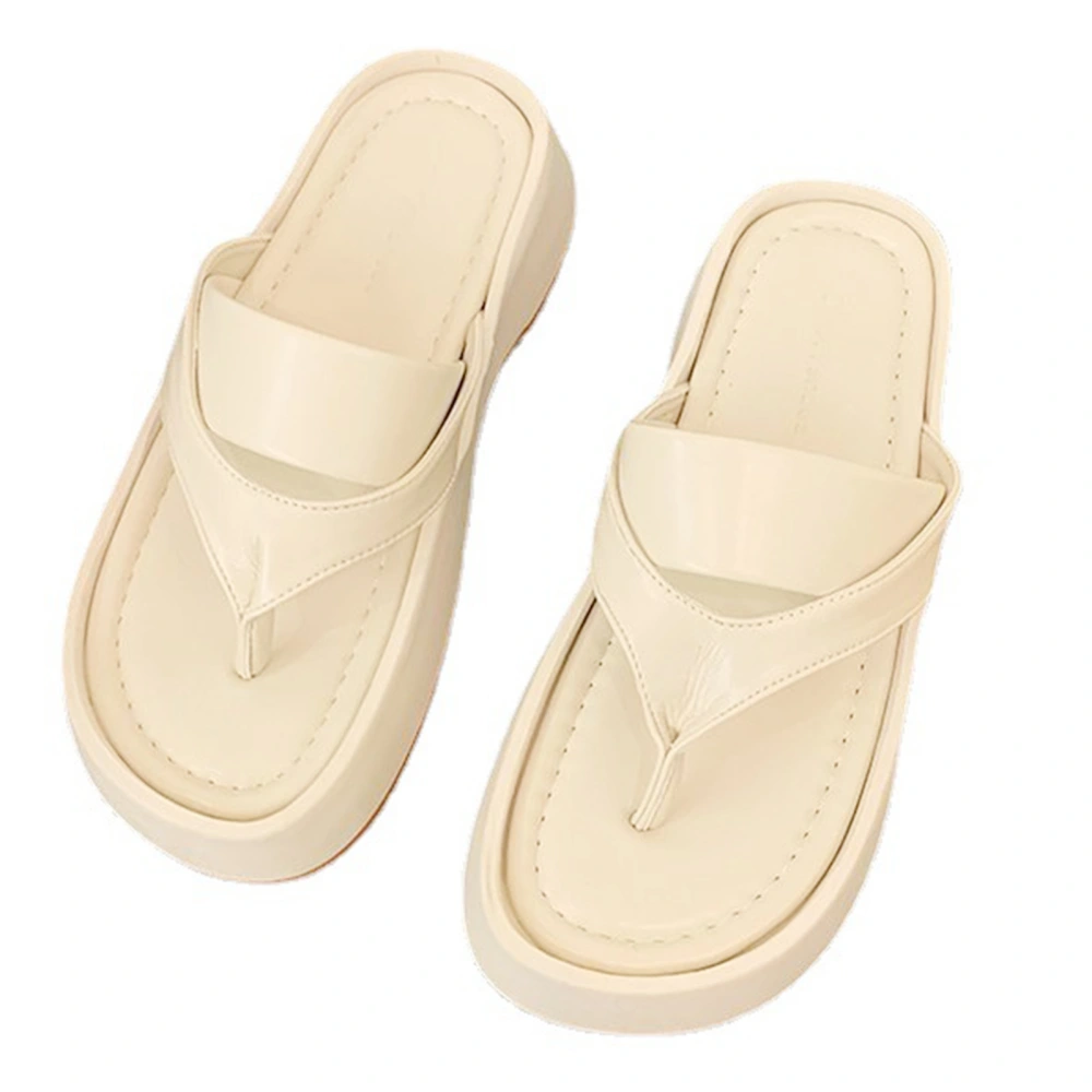 Women PU Leather Flip Flops Slides Fashionable Casual Plain Color Thick Soled Beach Slippers Sandals White 36