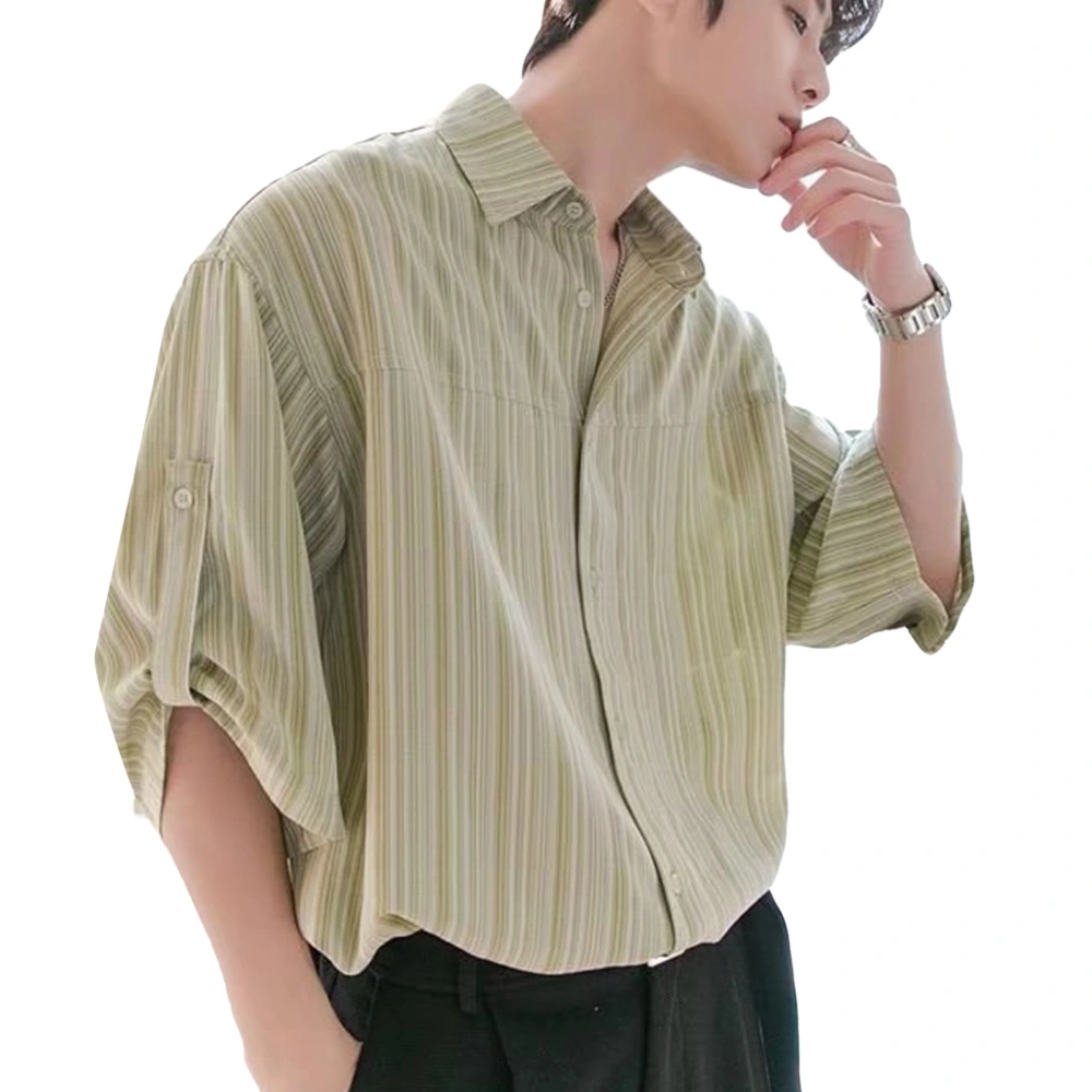 Men Shirt Short Sleeve Top Striped Button Closure Top Summer Loose Fashionable Shirt Green L