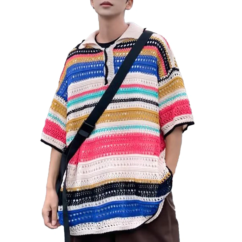 Men Hollow Knitted Shirt Button Front Drop Shoulder Short Sleeve Man Colorful Stripe Knitted Shirt for Gentlemen White XL