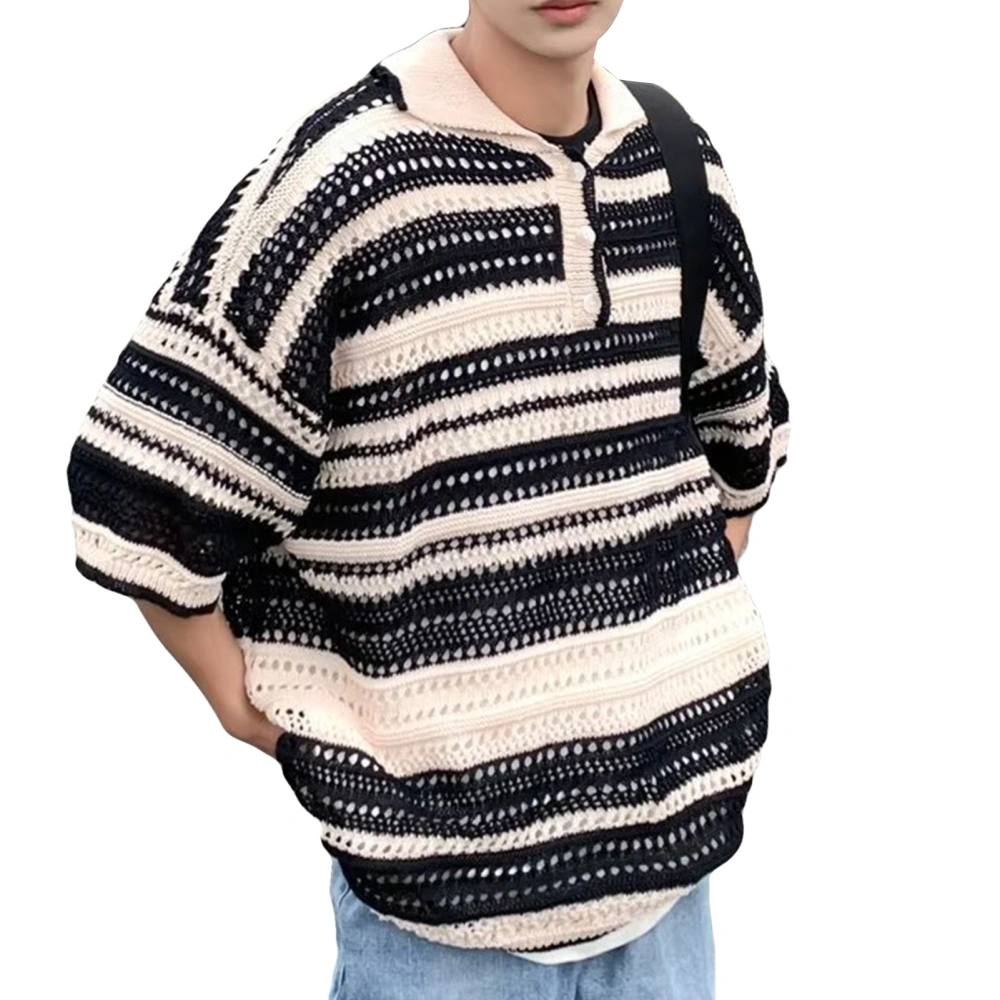 Men Hollow Knitted Shirt Button Front Drop Shoulder Short Sleeve Man Colorful Stripe Knitted Shirt for Gentlemen Black 2XL