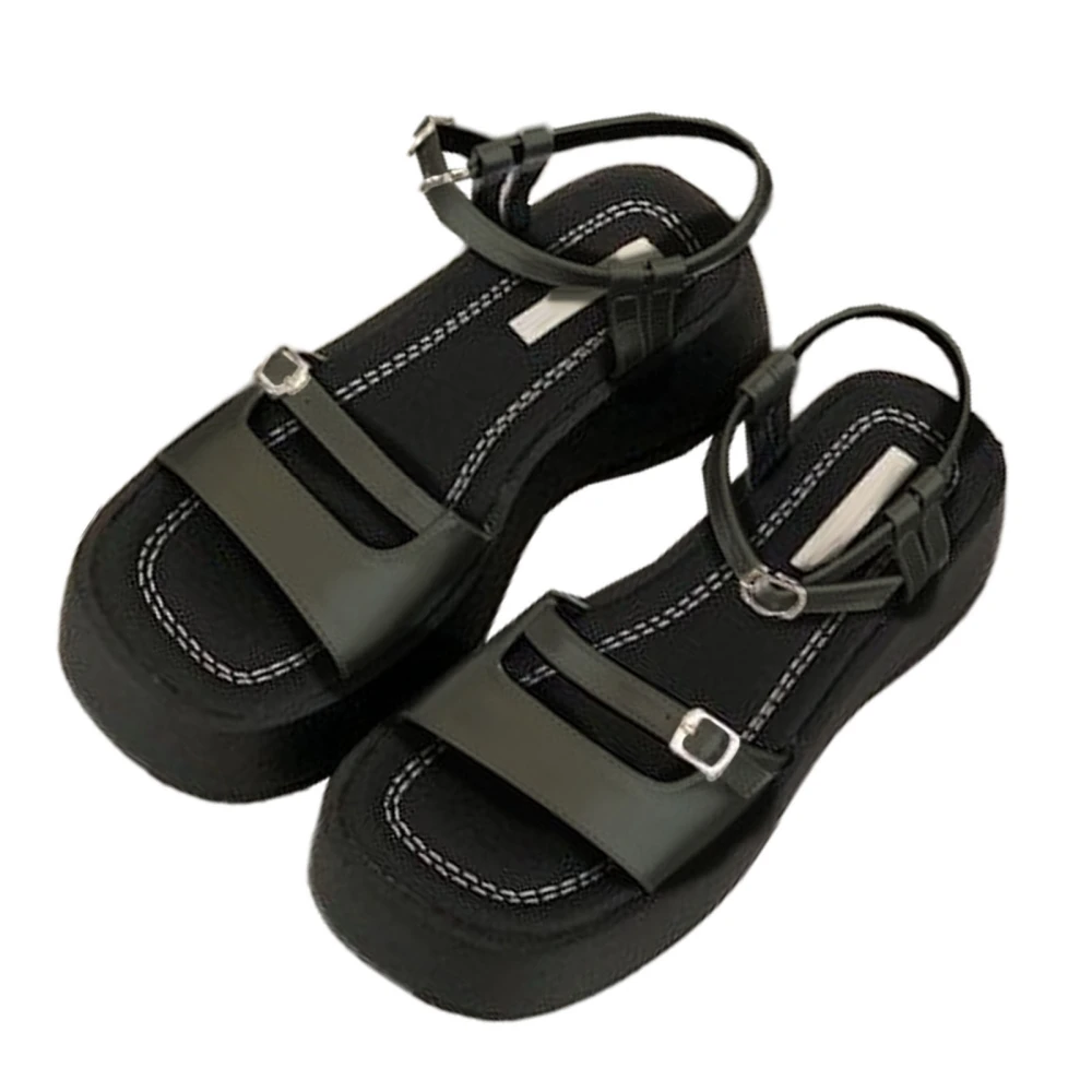 Women Summer Sandals Heightened Platform Strappy Sandals Soft Casual Beach Sandals for Daily Wearing Gathering Seaside Black Size 36