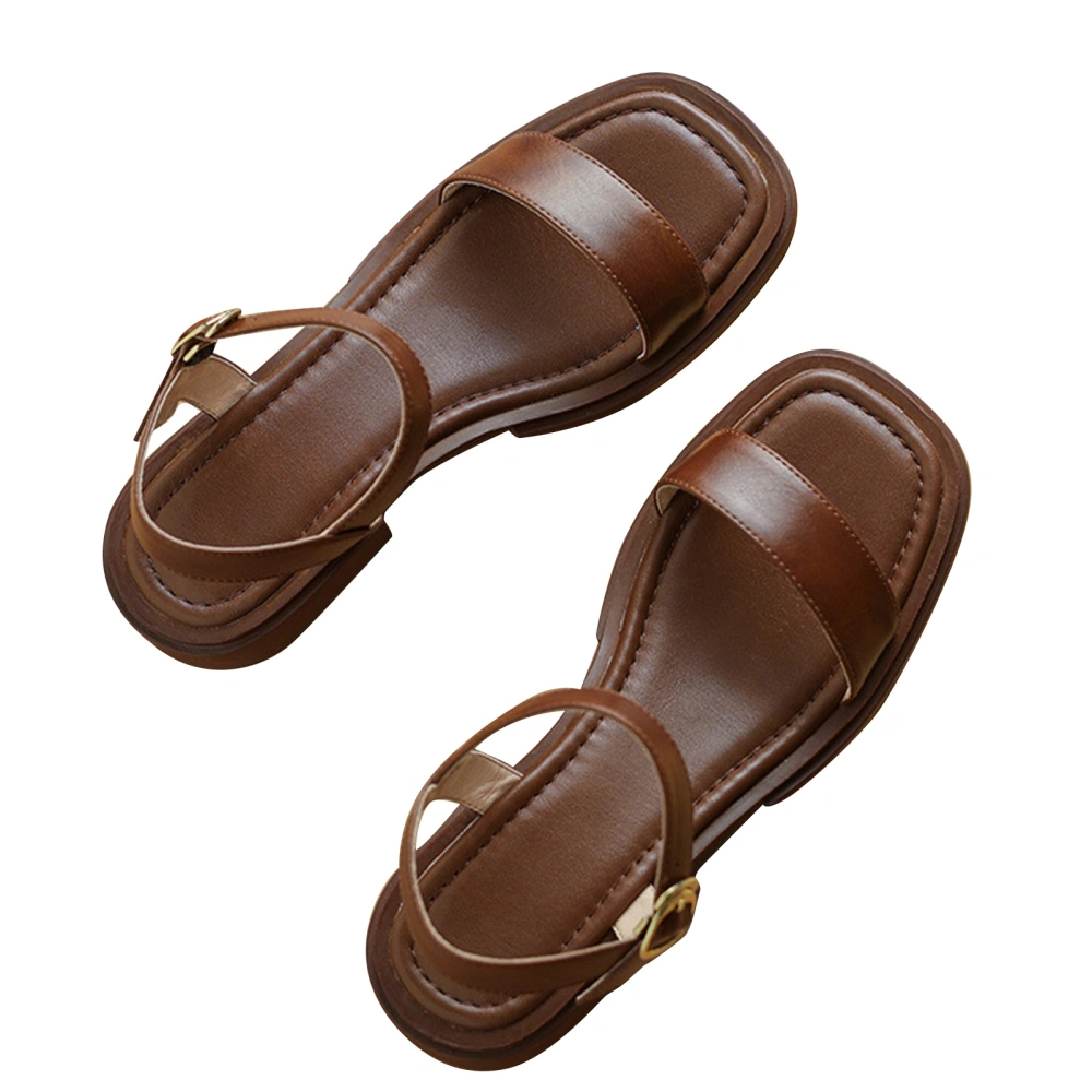 Women Open Toe Sandal One Band Fashionable Concise Style PU Leather Low Heel Summer Sandal Brown 37