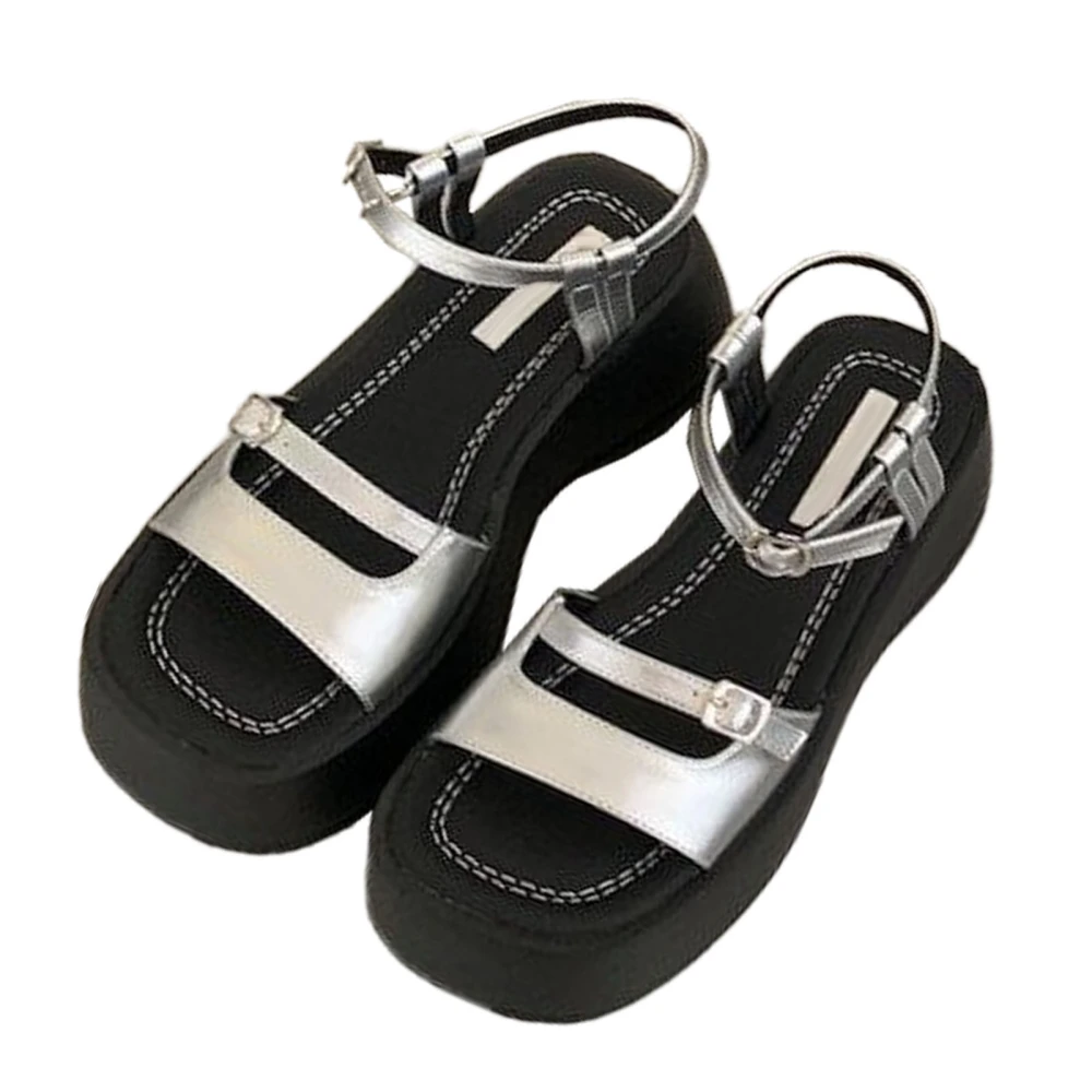 Women Summer Sandals Heightened Platform Strappy Sandals Soft Casual Beach Sandals for Daily Wearing Gathering Seaside Silver Size 38