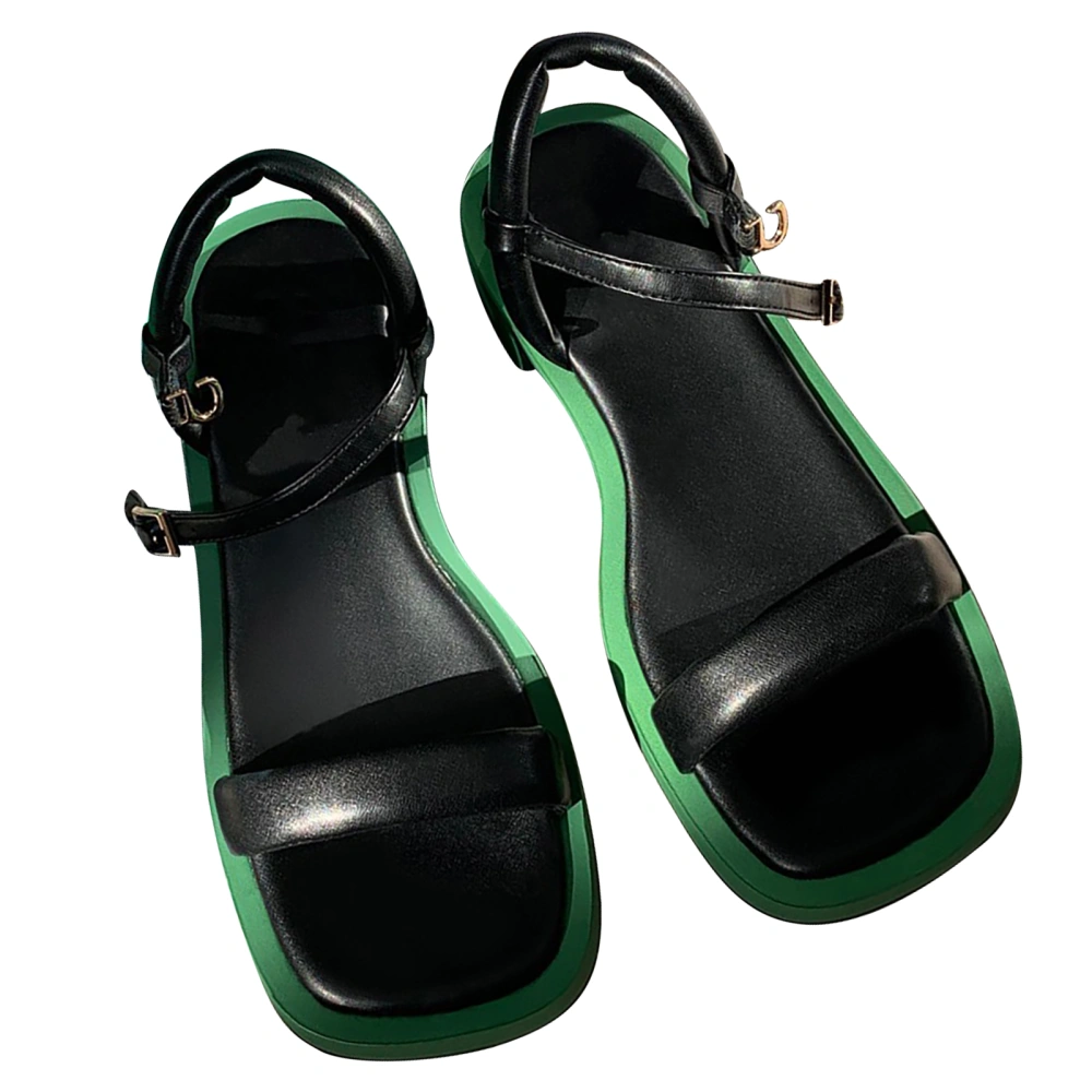 Heeled Sandals Women Summer Casual Fashionable Elegant PU Leather Strap Sandals for Dating Shopping Black and Green 36