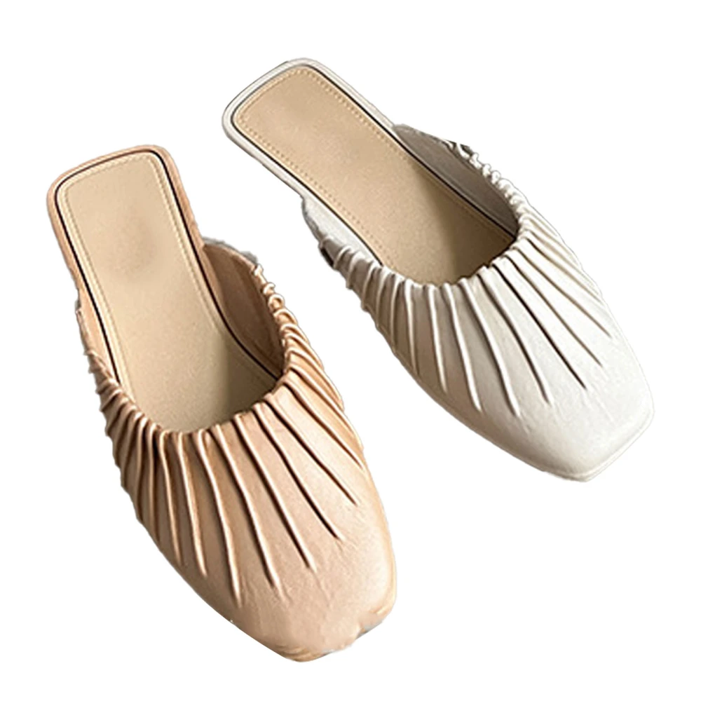 Backless Flat Heel Slides Close Toe PVC Soft Flat Heel Women Slippers for Summer Outdoor Beige Apricot 37