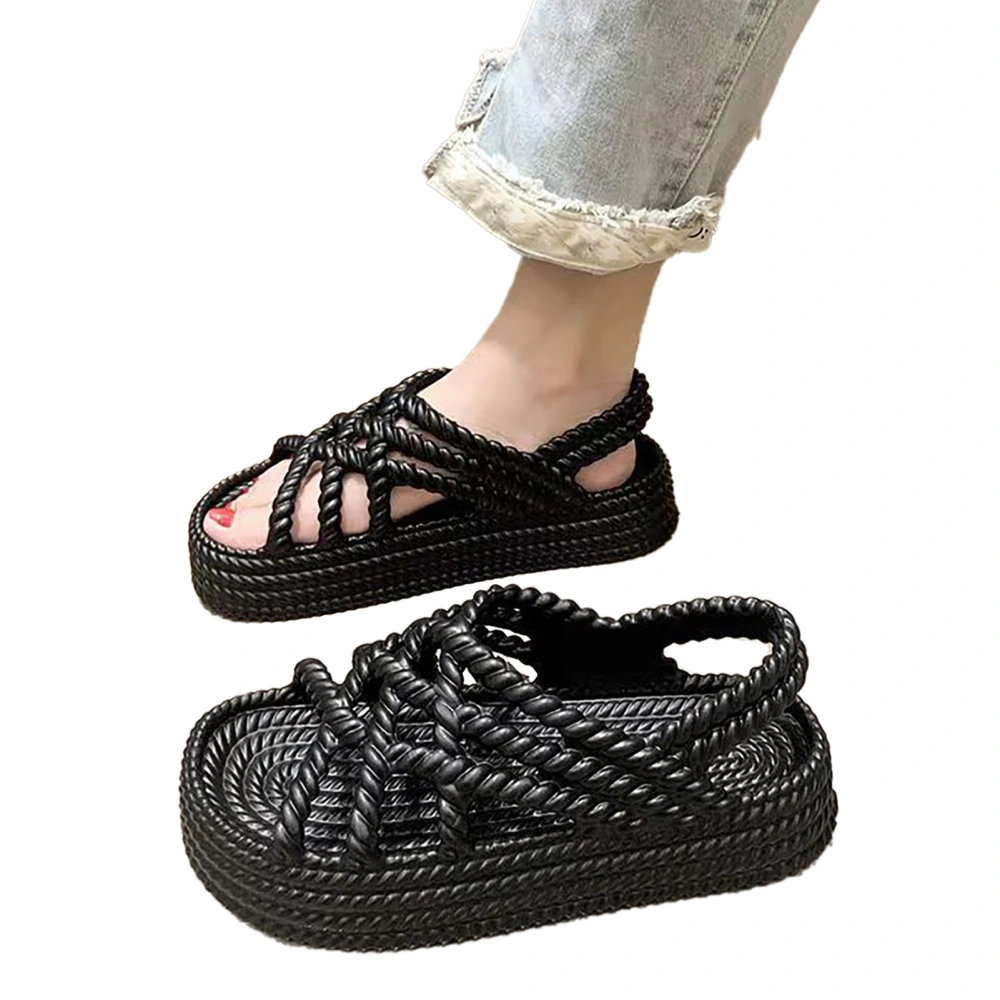 Thick Soled Sandals Fashionable Soft Comfortable Casual Strap Sandals Platform Slippers for Women Travel Party Black 37‑38