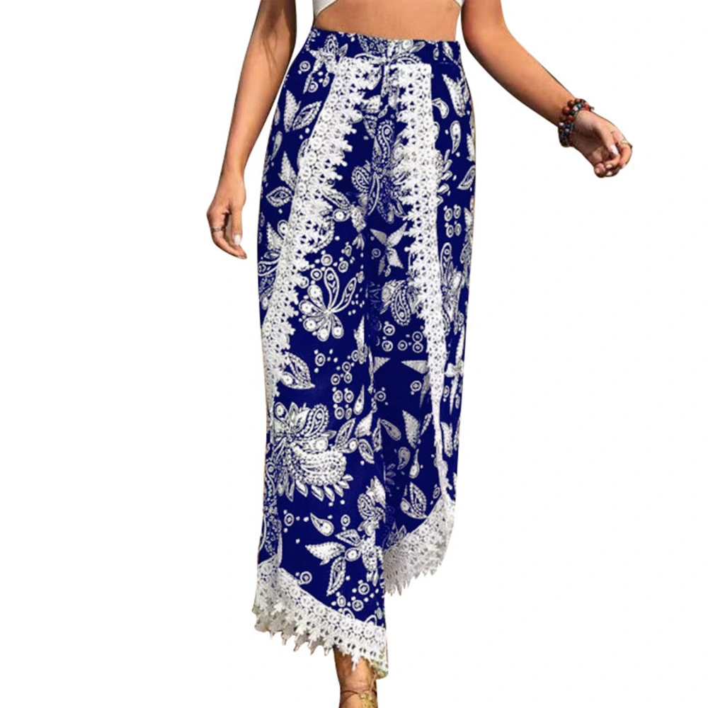 Women Graphics Print Wide Leg Pants Lace Trim Elastic High Waist Loose Fitting Casual Trousers Blue XL