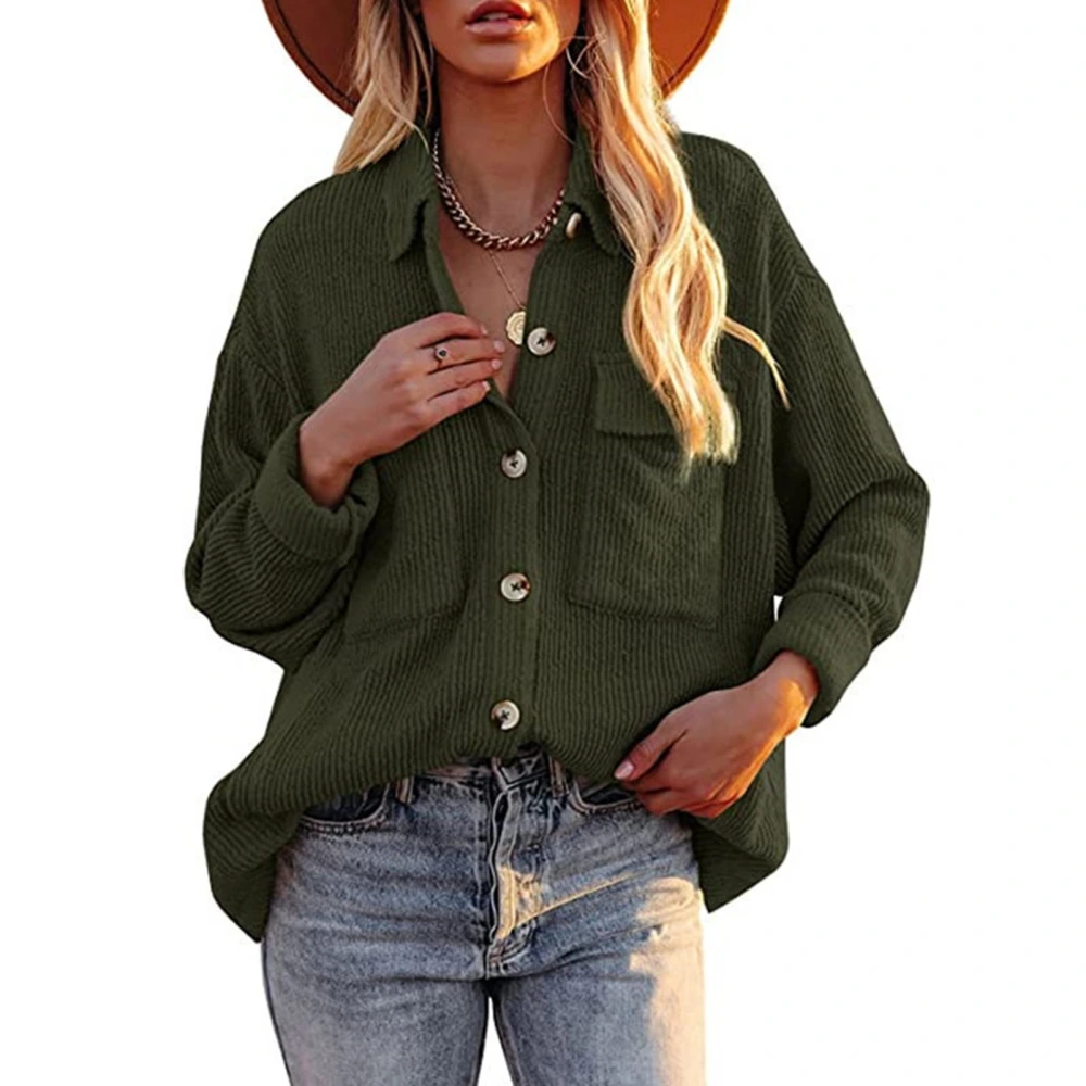 Single Breast Coat Long Sleeve Front Pocket Plain Color Turn Down Collar Jacket for Women Lady OD Green XL