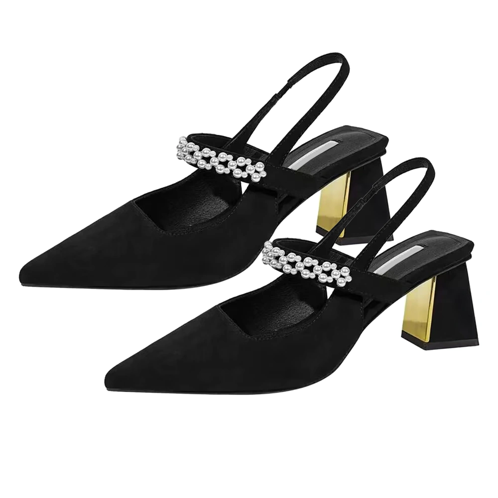 Women PU Leather Pointed Toe High Heels Retro Elegant Faux Pearl Closed Toe Sandals for Party Dating Black 38