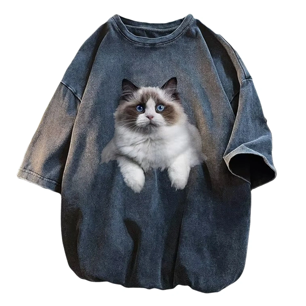 Men Summer T Shirt Loose Plus Size Vintage Short Sleeve Cat Printed Top for Male Cat XL