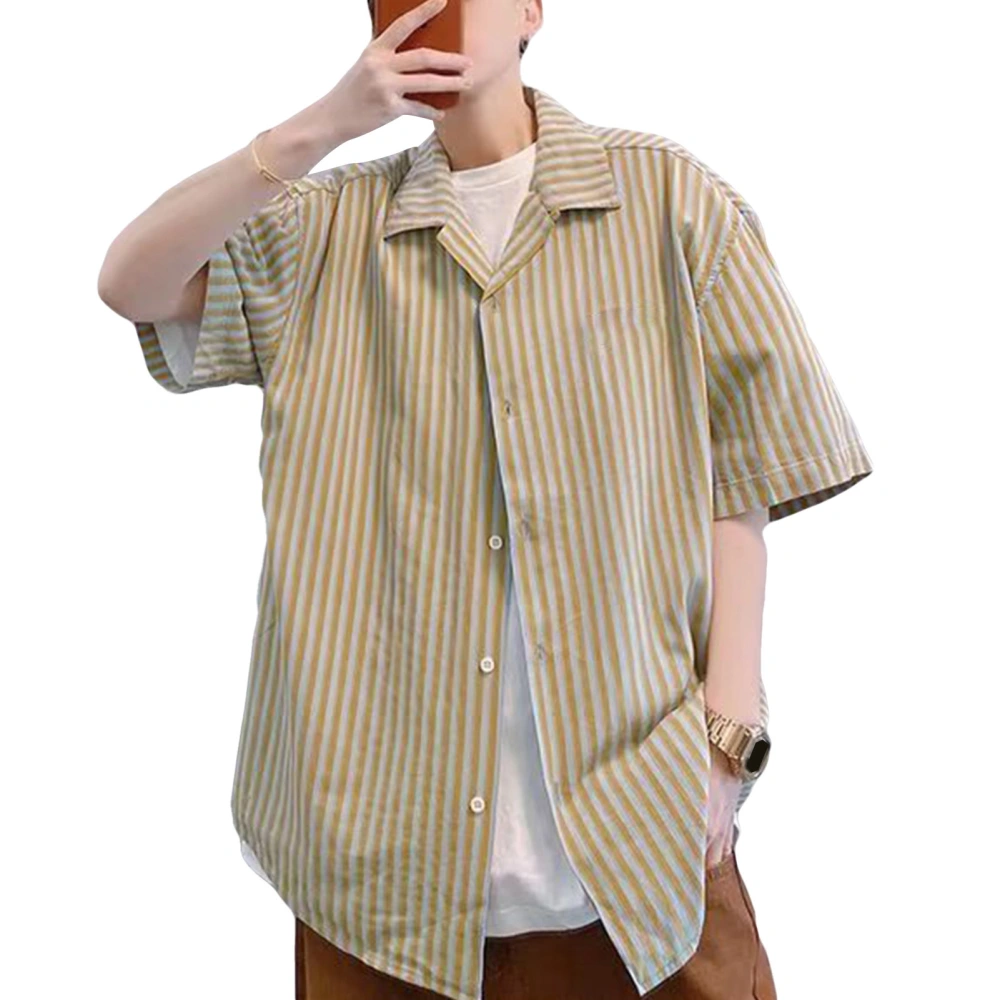 Stripe Short Sleeve Shirt Men Summer Loose Casual Shirt Commute Travel Business Trip Vocation Clothes Yellow L