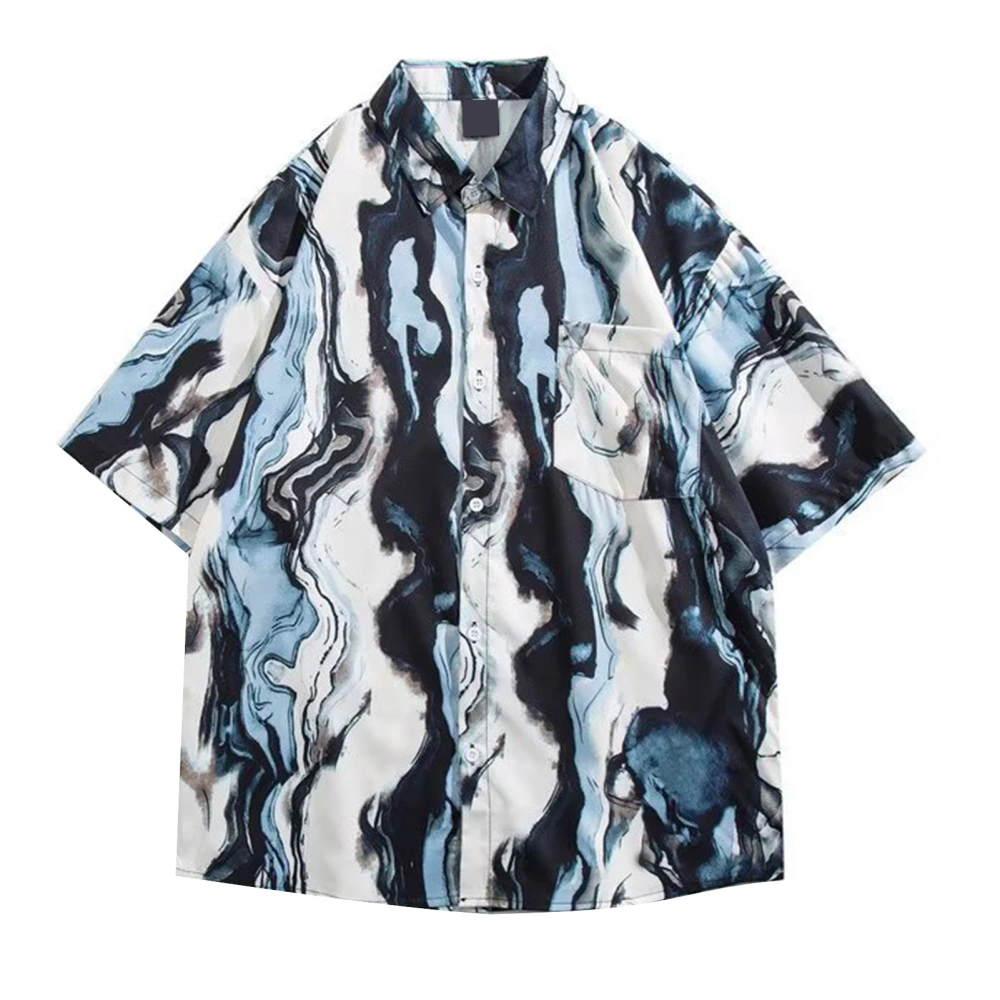 Men Short Sleeve Shirts Tie Dye Printing Turn Down Collar Button Closure Casual Blouse Blue 2XL