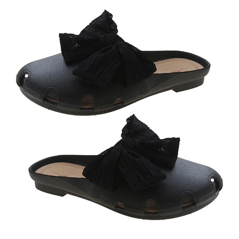 Women Slippers Fashion Flat Sole Sandals Soft Comfy Exquisite Bow Cover Toe Slippers Black 38‑39