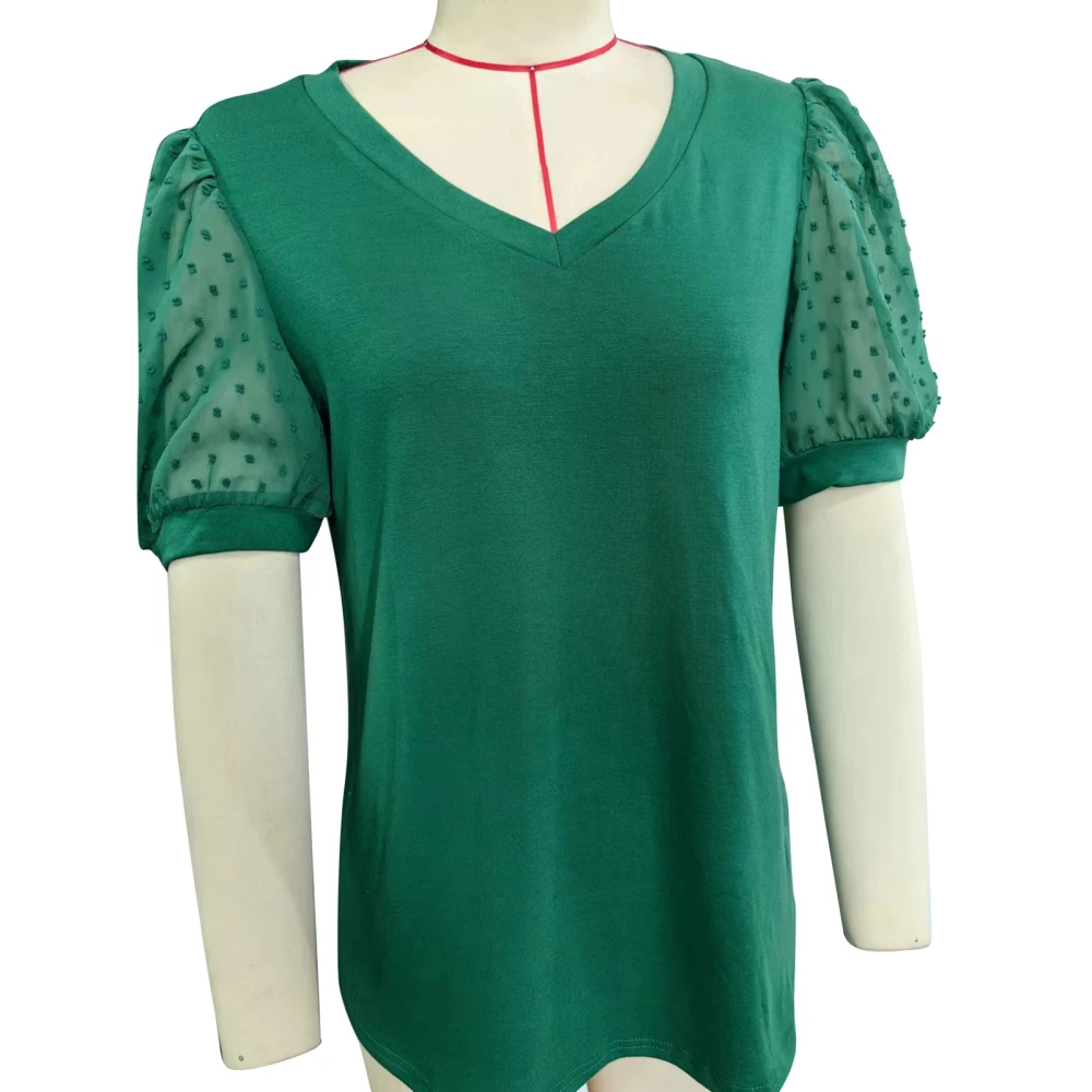 Women V Neck Top Short Puff Sleeves Lace Splicing Pure Color Loose Fitting Summer T Shirt Green XXL