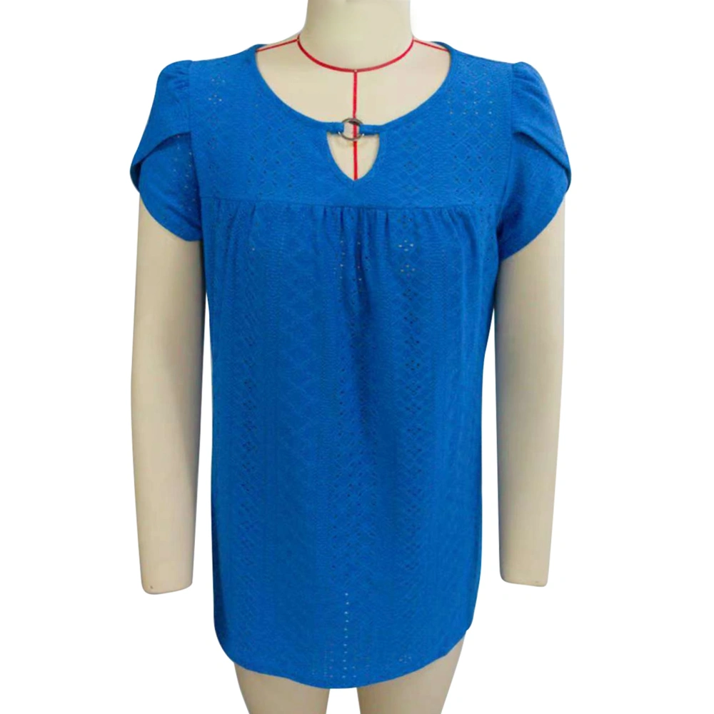 Women Summer T Shirt Short Petal Sleeves Bust Pleated Hollow Holes Fabric Pure Color Casual Blouses Royalblue S