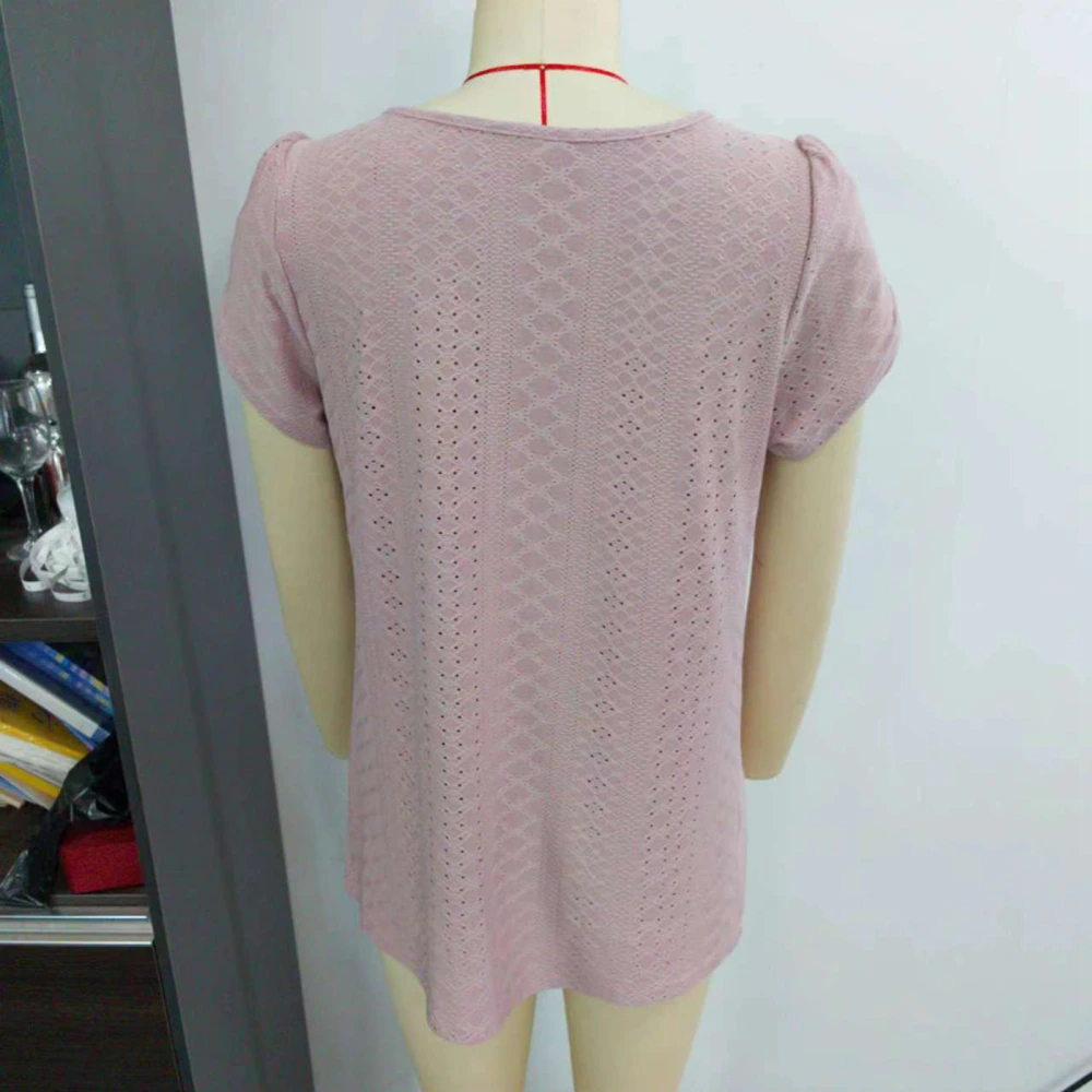 Women Summer T Shirt Short Petal Sleeves Bust Pleated Hollow Holes Fabric Pure Color Casual Blouses Gray Pink XXL