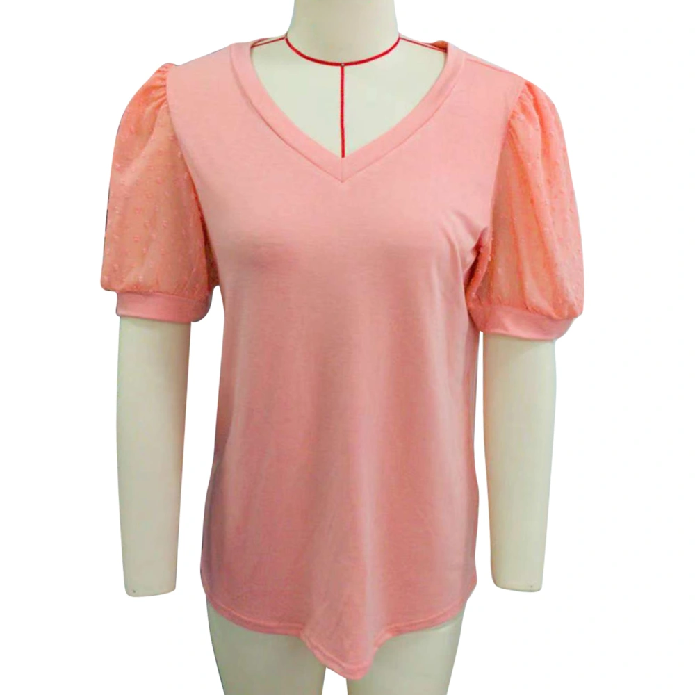 Women V Neck Top Short Puff Sleeves Lace Splicing Pure Color Loose Fitting Summer T Shirt Orange Pink L