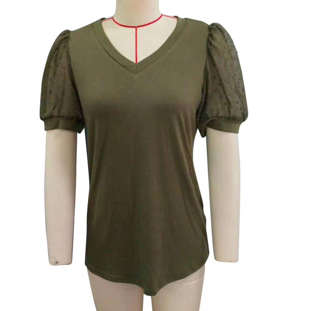 Women V Neck Top Short Puff Sleeves Lace Splicing Pure Color Loose Fitting Summer T Shirt OD Green M