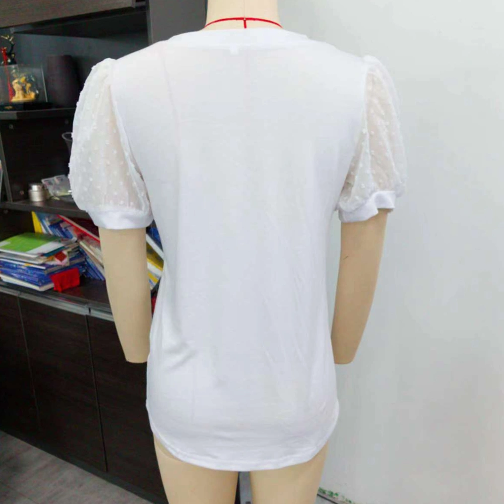 Women V Neck Top Short Puff Sleeves Lace Splicing Pure Color Loose Fitting Summer T Shirt White XXL