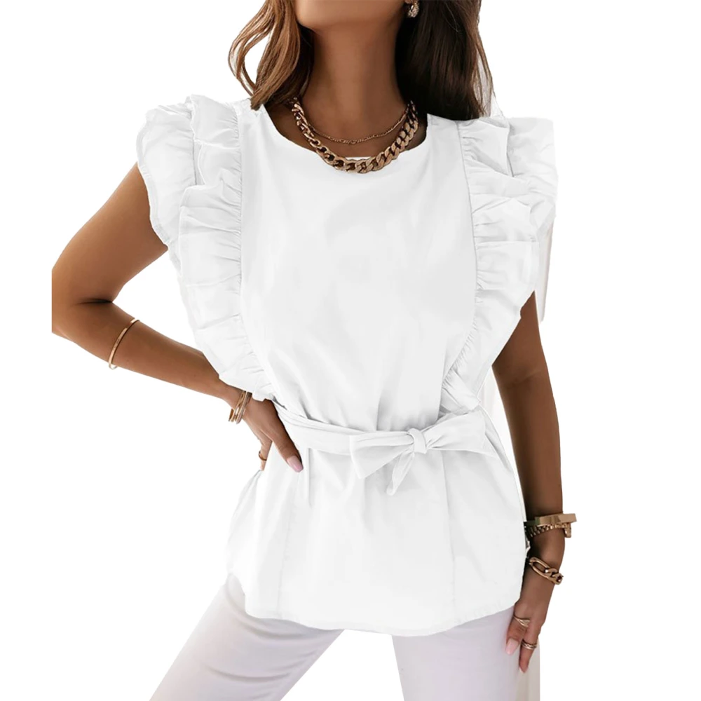 Women Summer Top Loose Round Neck Short Layered Ruffle Sleeve Bow Belted Blouse for Female White S