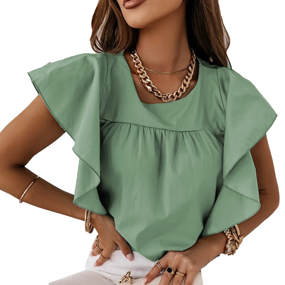 Women Ruffle Cap Sleeve Top Loose Casual Elegant Plain Color Crewneck Shirt Blouse for Office Work Light Green XXL