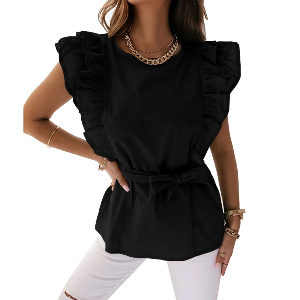 Women Summer Top Loose Round Neck Short Layered Ruffle Sleeve Bow Belted Blouse for Female Black M