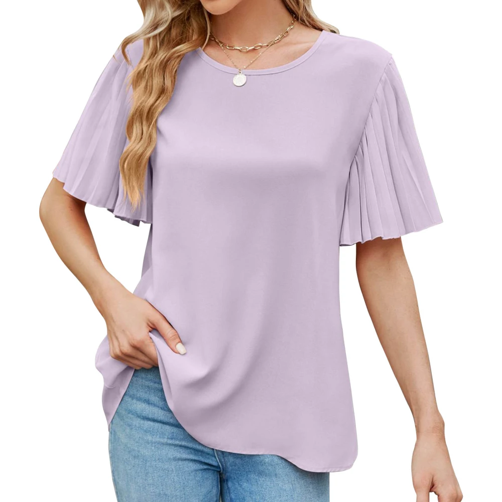 Women Short Sleeve Shirt Round Neck Top Bell Sleeve Pleated Shirt Pure Color Loose Top Taro Purple L