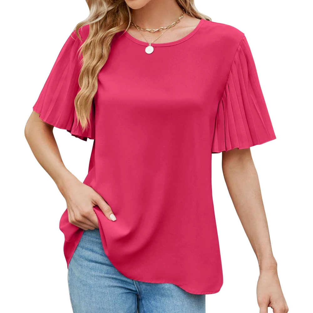 Women Short Sleeve Shirt Round Neck Top Bell Sleeve Pleated Shirt Pure Color Loose Top Rose Red XL