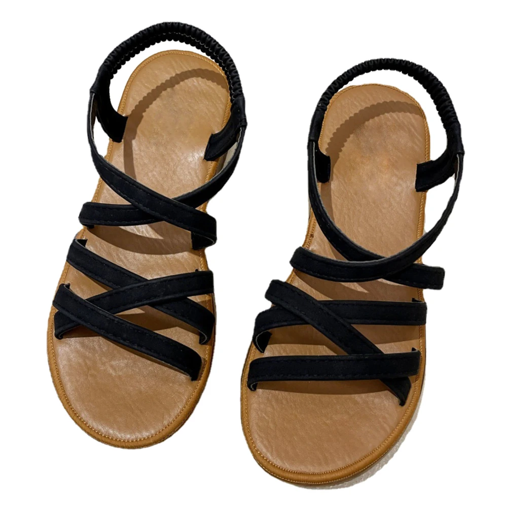 Tendon Sole Sandals Summer Beach Sandals Soft Casual Flat Sandals with Elastic Strap for Women Black 38 Size