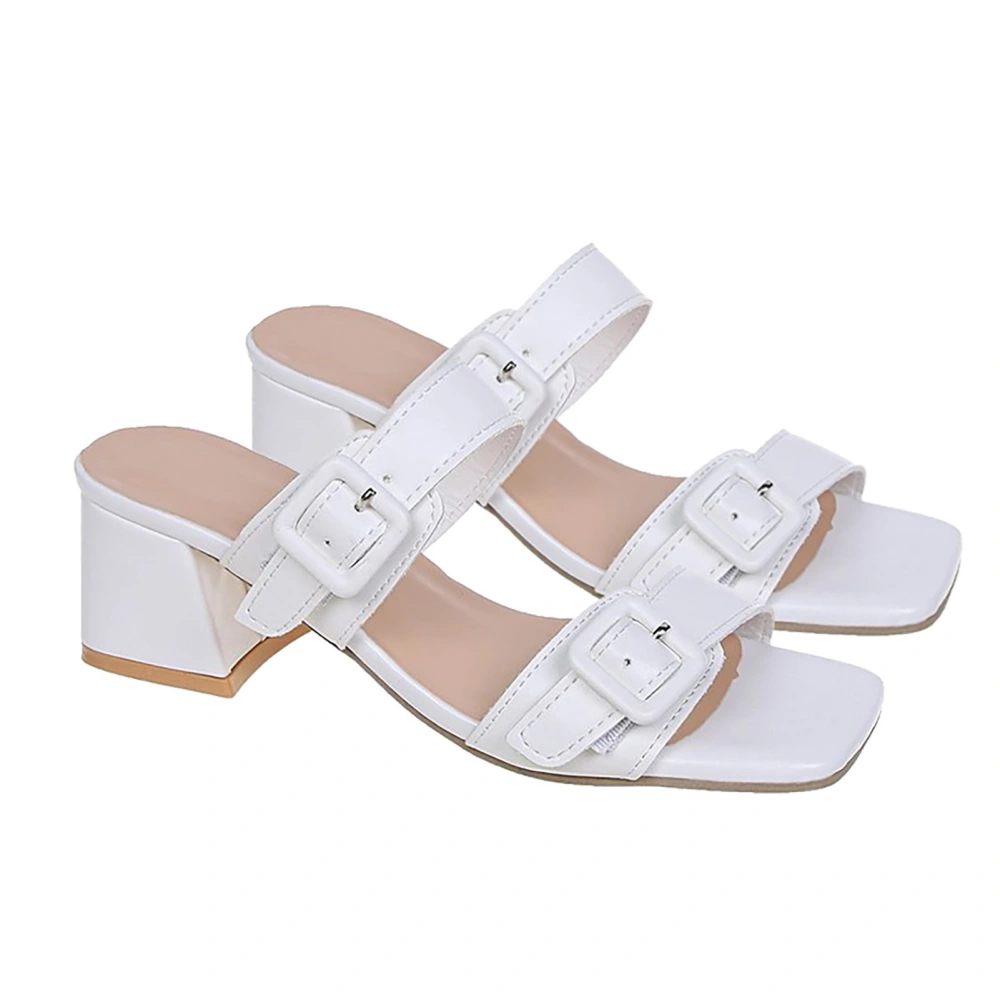 Women Double Buckle Heels Sandals Adjustable Open Toe Slip Resistant Summer Casual Sandals White 39