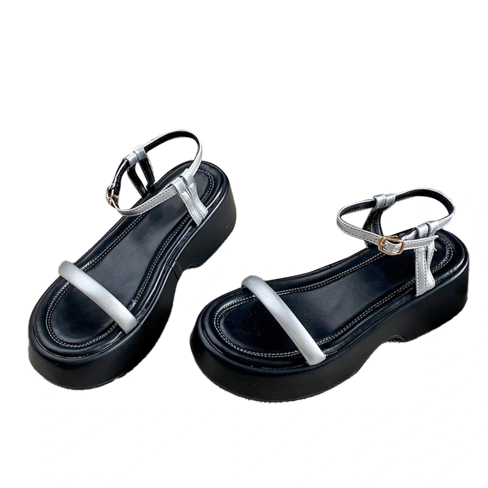 Women Open Toe Sandal One Band Ankle Strap Thick Rubber Soled Stylish Summer PU Sandal Silver 39