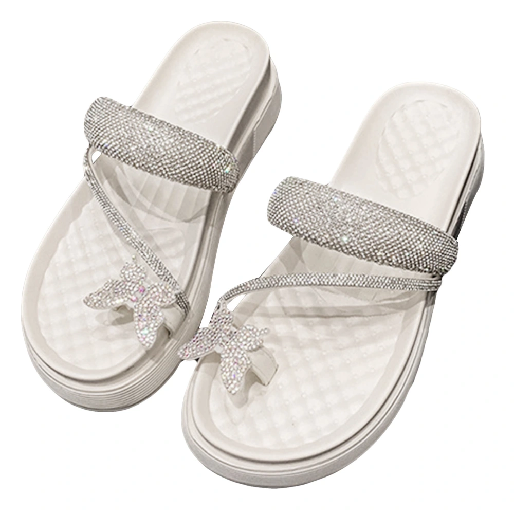 Women Toe Thong Slide Sandal Shiny Rhinestone Platform Slip Resistant Casual Clip Toe Slip On Slippers Beige 39