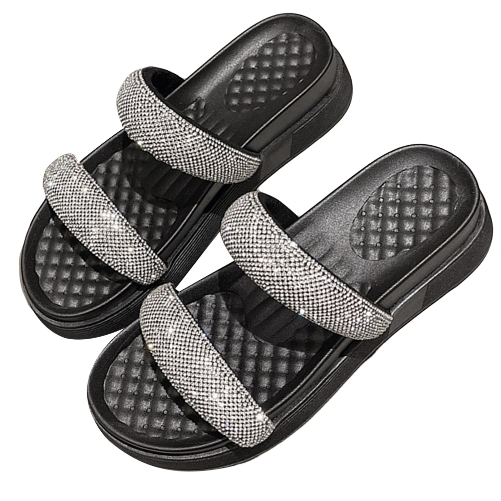 Thicken Sole Slipper Glittering Rhinestone Casual Fitted Soft Thick Sole Slipper for Summer Outdoor Black 37