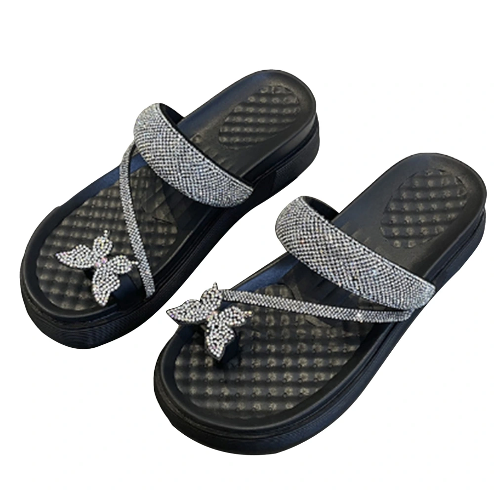 Women Toe Thong Slide Sandal Shiny Rhinestone Platform Slip Resistant Casual Clip Toe Slip On Slippers Black 38