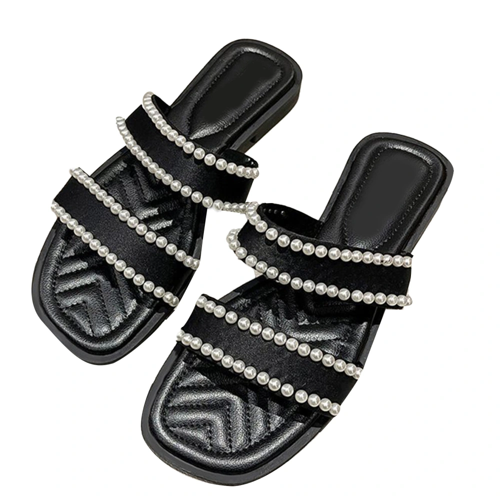 Women Summer Flat Slides Slipper Double Strap Casual Bling Slippers Ladies Soft Sandals Black 38