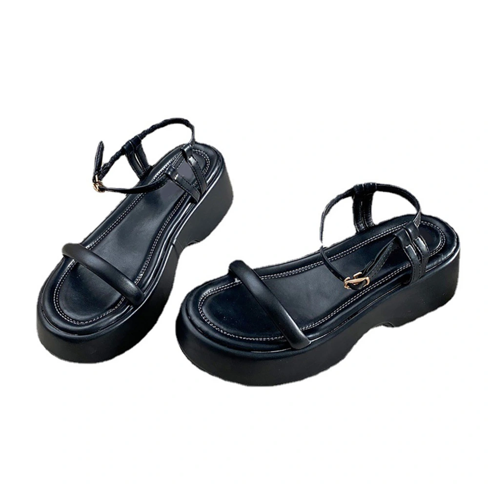 Women Open Toe Sandal One Band Ankle Strap Thick Rubber Soled Stylish Summer PU Sandal Black 39