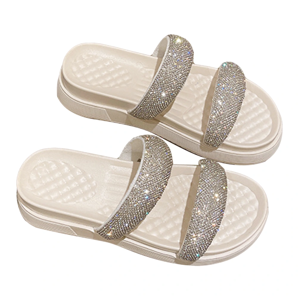 Thicken Sole Slipper Glittering Rhinestone Casual Fitted Soft Thick Sole Slipper for Summer Outdoor Beige 38