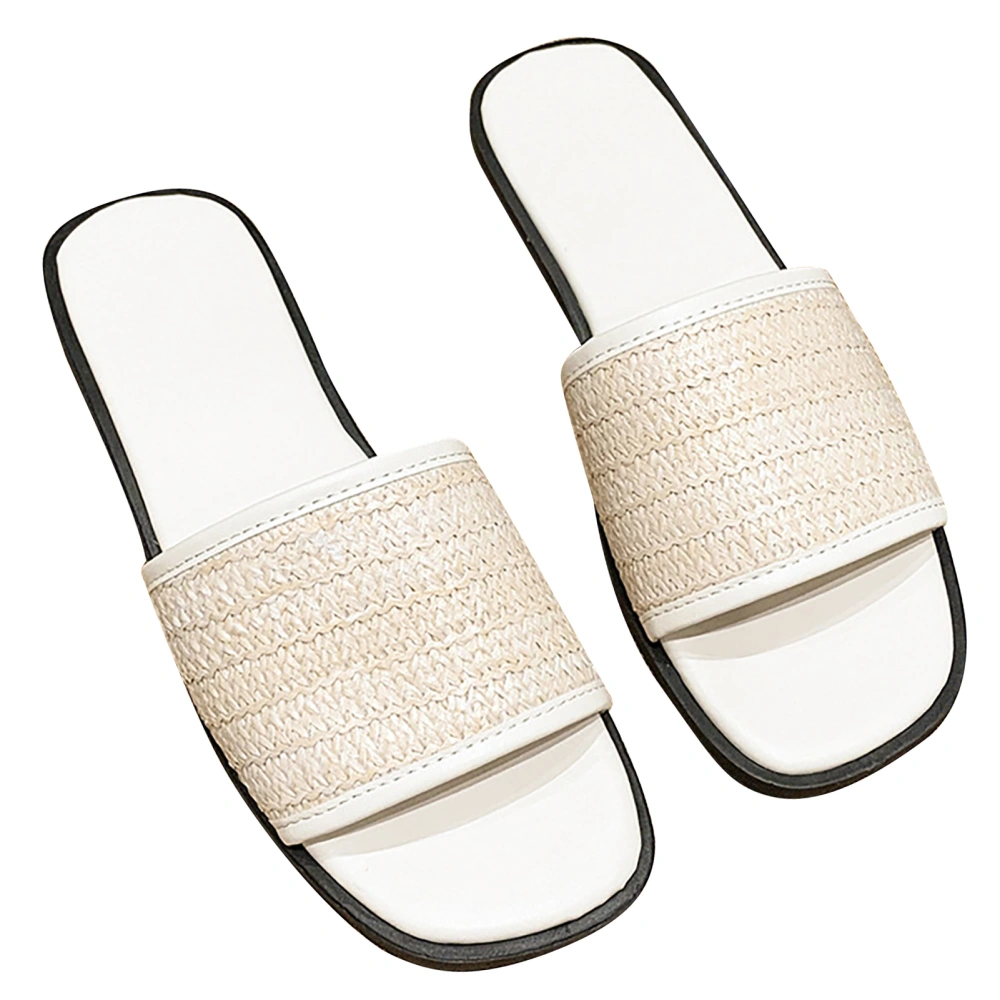 1 Pair Woven Slippers Women Retro Flat Bottomed Single Strap Sandals French Niche Summer Shoes Beige Size 38