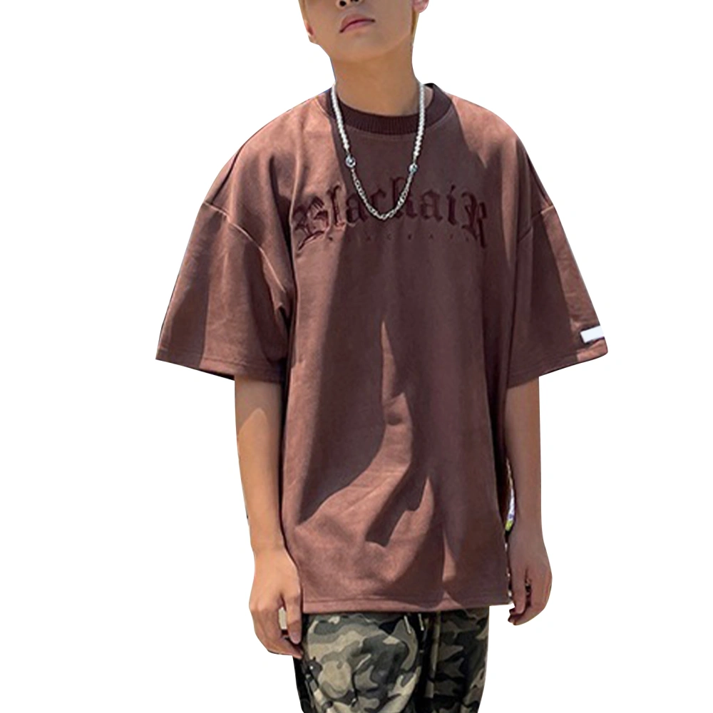 Men T Shirt Suede Fabric Short Sleeve Loose Top Summer Boys Top Letter Printing Retro Style Brown XL