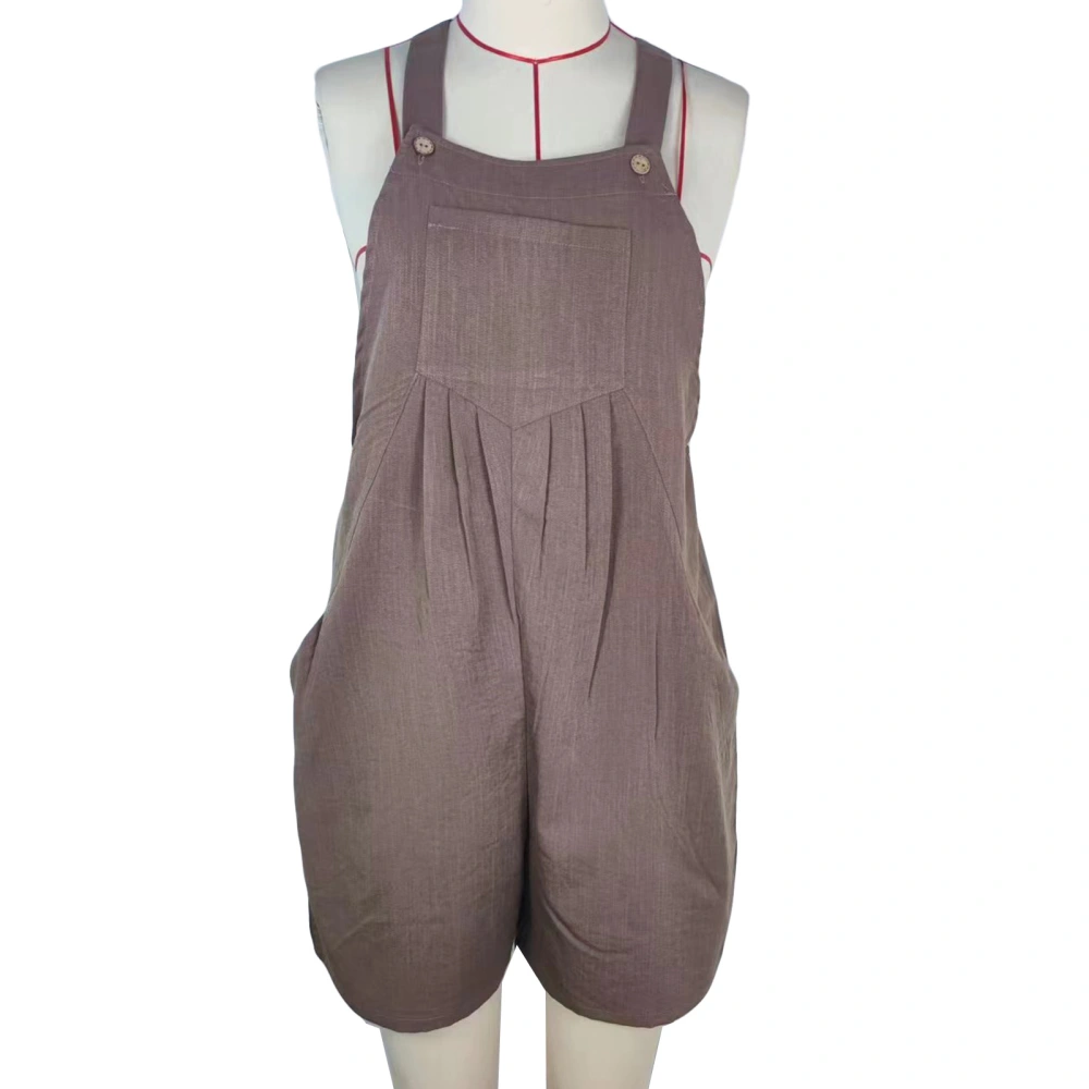 Women Casual Overalls Jumpsuit Shorts Loose Buttoned Summer Overalls Shorts with Pockets Brown M