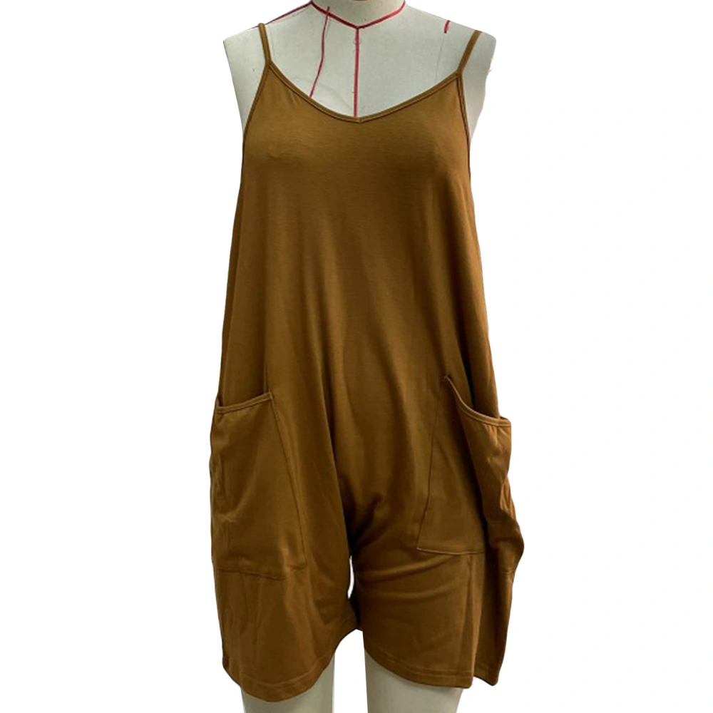 Women Casual Overall Shorts V Neck Sleeveless Adjustable Spaghetti Strap Summer Jumpsuits Shorts with Pockets Light Brown S