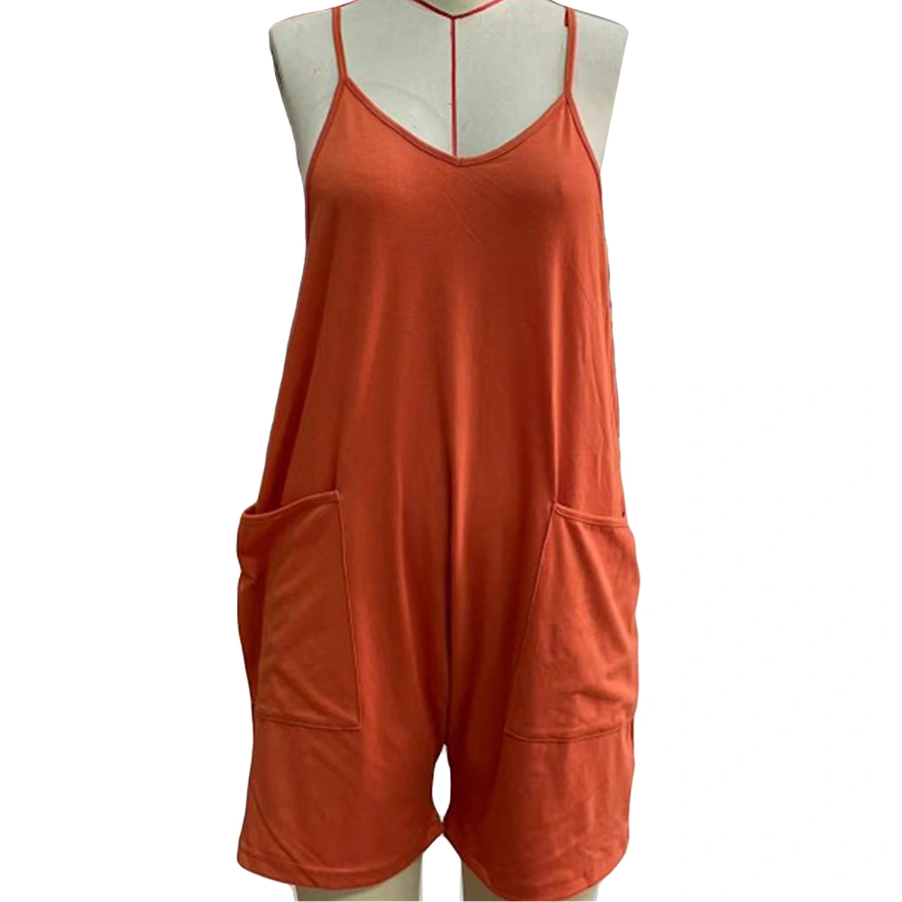 Women Casual Overall Shorts V Neck Sleeveless Adjustable Spaghetti Strap Summer Jumpsuits Shorts with Pockets Orange S