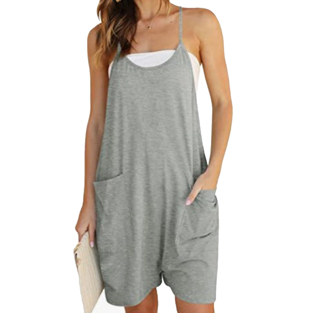 Women Casual Overall Shorts V Neck Sleeveless Adjustable Spaghetti Strap Summer Jumpsuits Shorts with Pockets Grey S