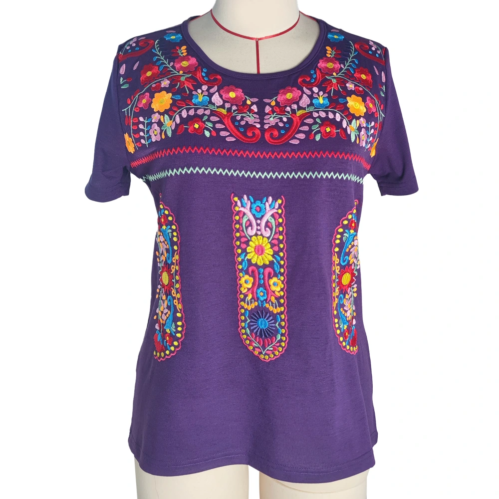 Crewneck Embroidered Blouse Casual Fitted Short Sleeve Embroidered Blouse for Women Summer Purple M