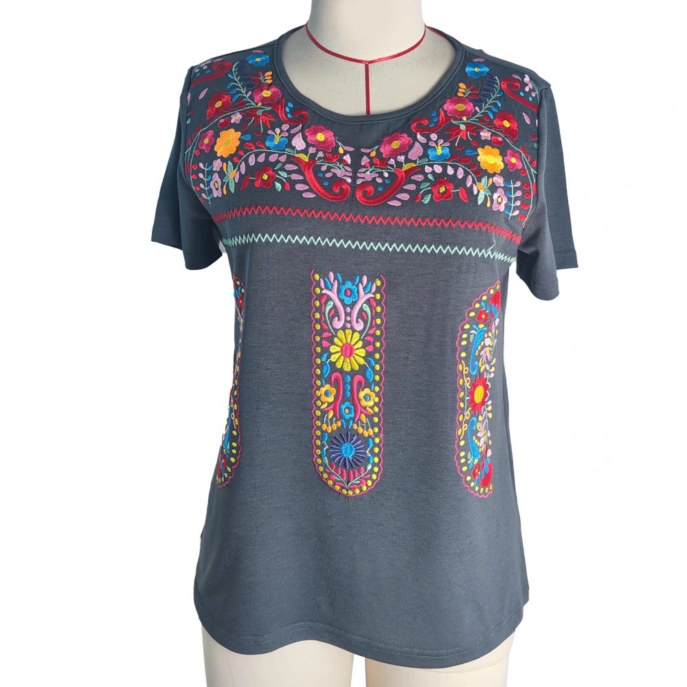 Crewneck Embroidered Blouse Casual Fitted Short Sleeve Embroidered Blouse for Women Summer Dark Gray L