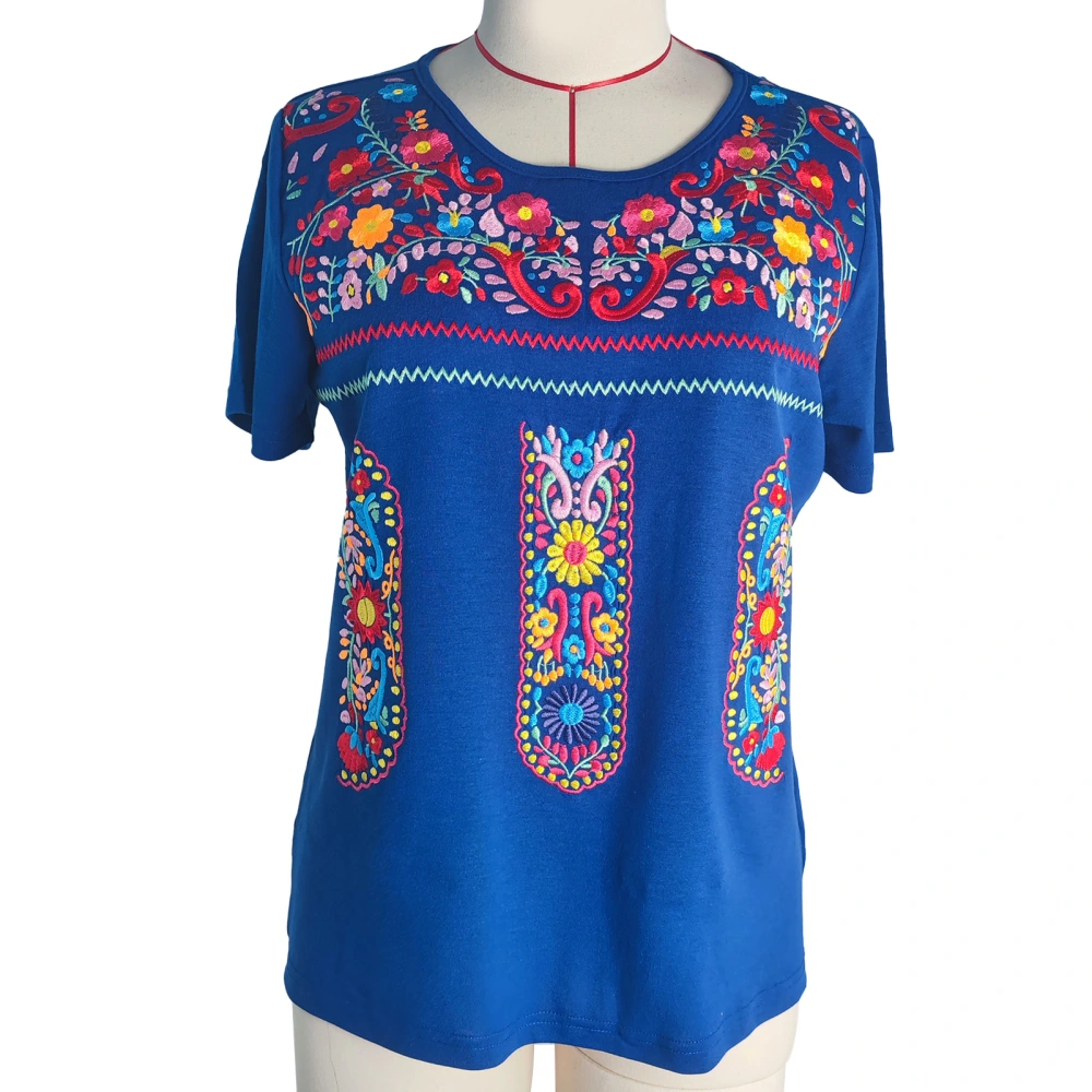 Crewneck Embroidered Blouse Casual Fitted Short Sleeve Embroidered Blouse for Women Summer Dark Blue L