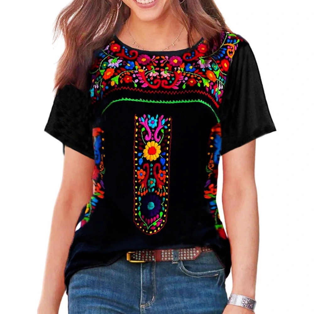 Crewneck Embroidered Blouse Casual Fitted Short Sleeve Embroidered Blouse for Women Summer Black L