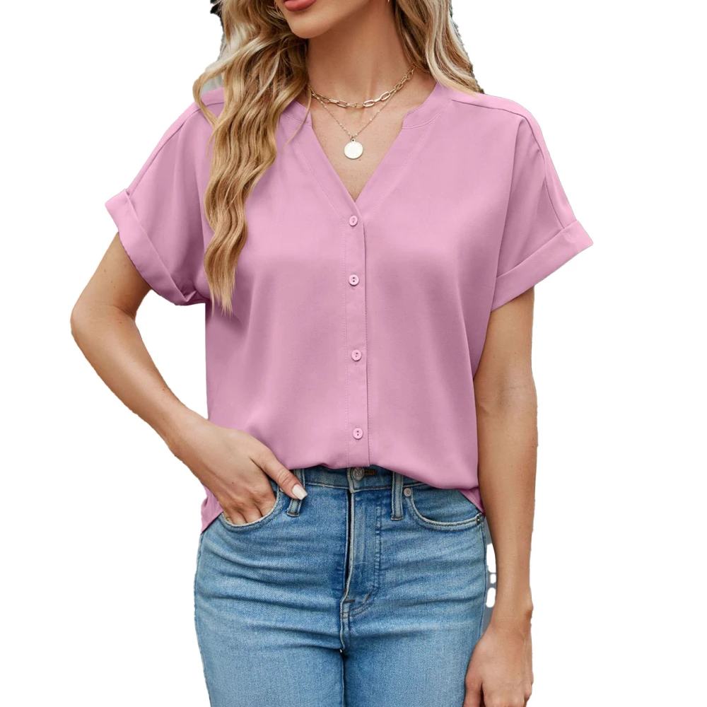 Button Up Blouse Top Plain Color V Neck Loose Short Sleeved Blouse for Women Lady Girl Pink L