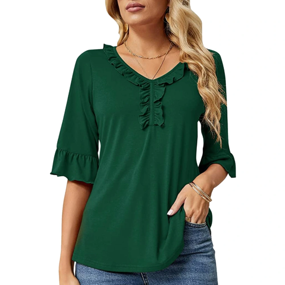 Women Ruffle Trim Half Sleeve Top V Neck Casual Loose Fit Elegant Dressy Summer T Shirt Green XL