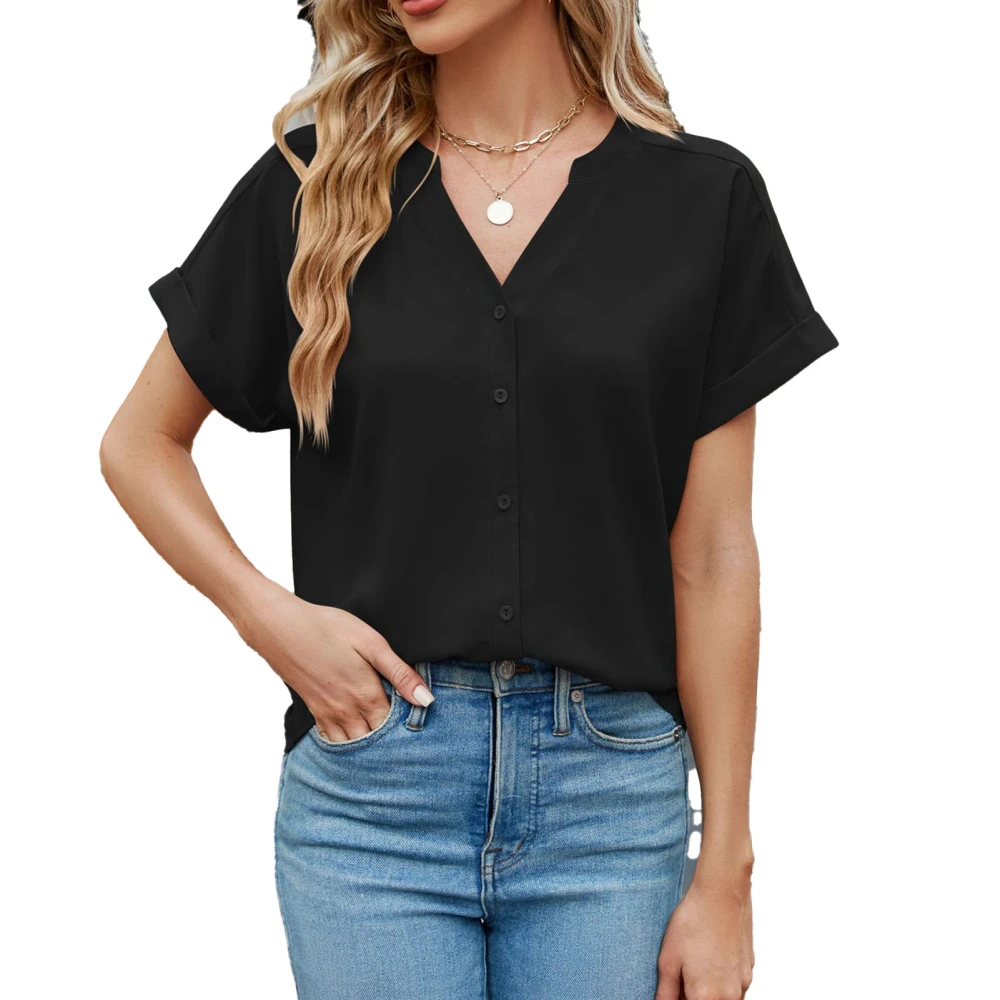 Button Up Blouse Top Plain Color V Neck Loose Short Sleeved Blouse for Women Lady Girl Black S